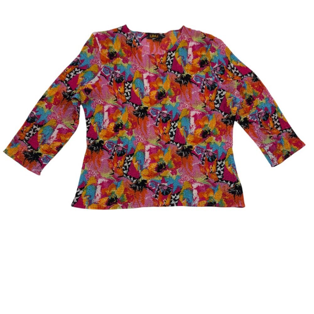 UBU Artsy Art To Wear Abstract Rainbow Lightweight 3/4 Sleeve Top Women's SZ XL